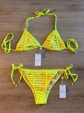 Notorious Swimwear Glistening Neon Yellow Bikini Set NWT Large Top/Small Bottom